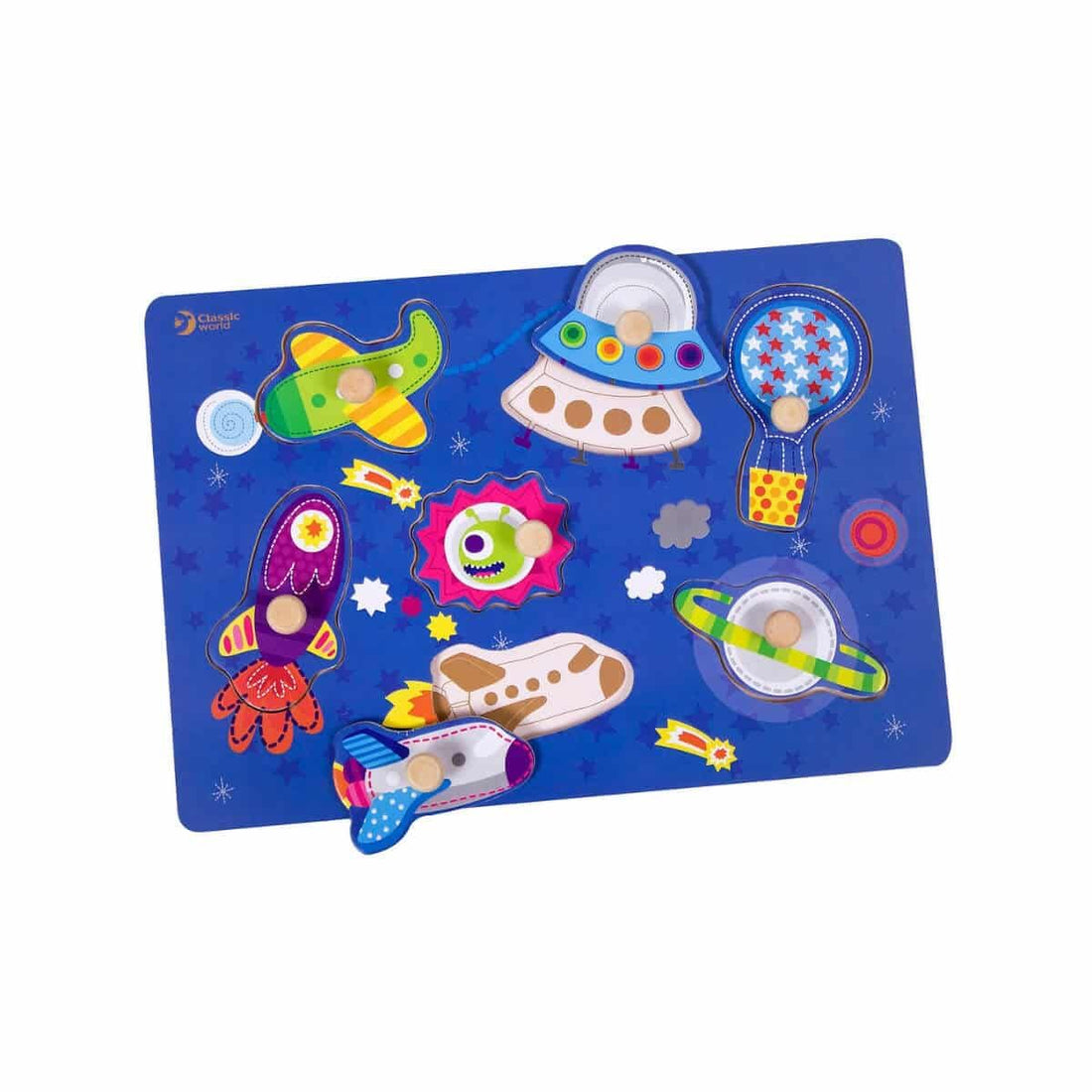 Puzzle de madeira Classic World com 8 peças espaciais coloridas, incluindo foguetões, OVNI e planetas.