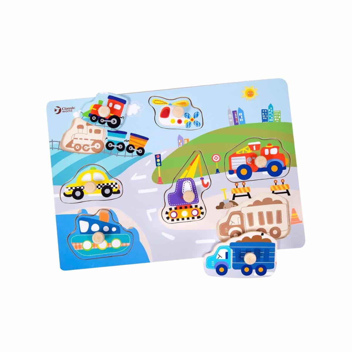 Puzzle de madeira Classic World com 8 peças de veículos coloridos, incluindo comboio, carro, camião e barco.