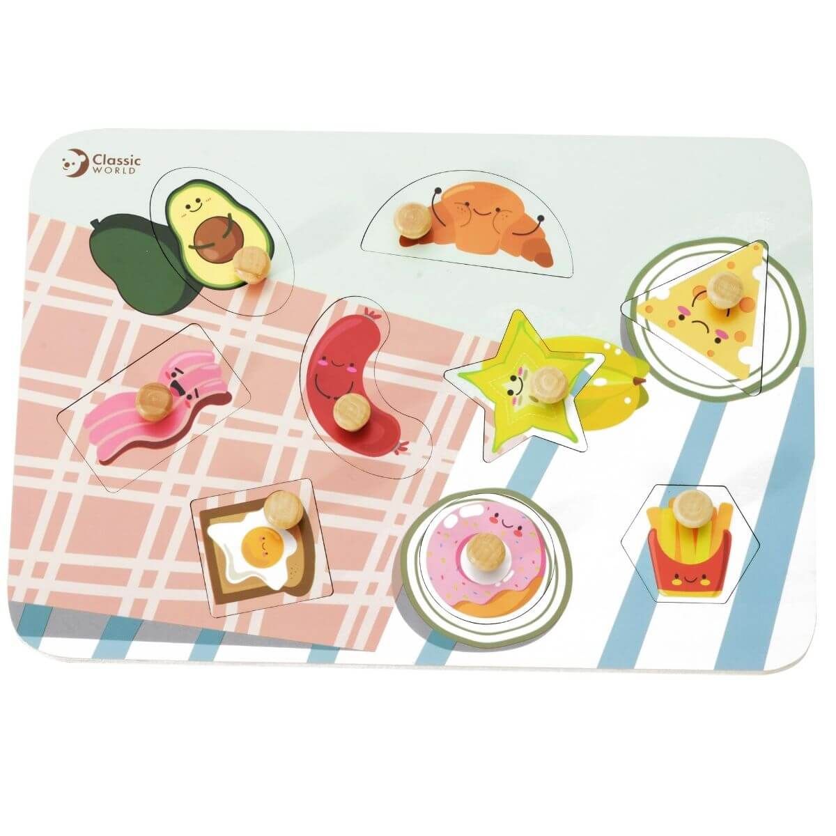 Vista de cima do Classic World Puzzle de madeira com 8 peças de comida coloridas, incluindo abacate, queijo e donut, com pinos de madeira.