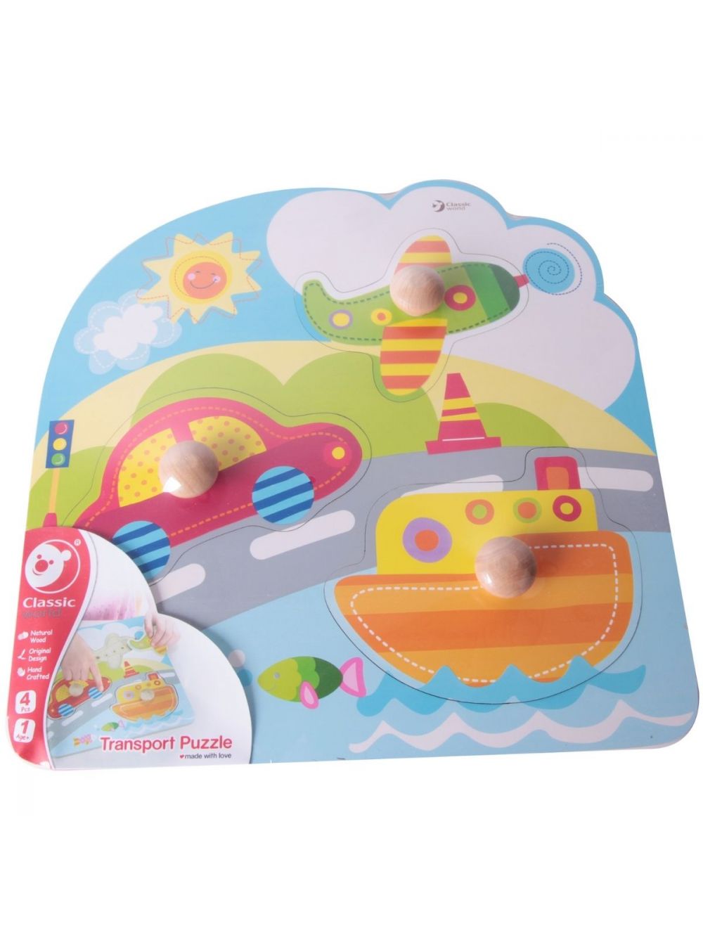 Visão geral do puzzle educativo Classic World Transportes, mostrando as peças e o design apelativo para crianças.