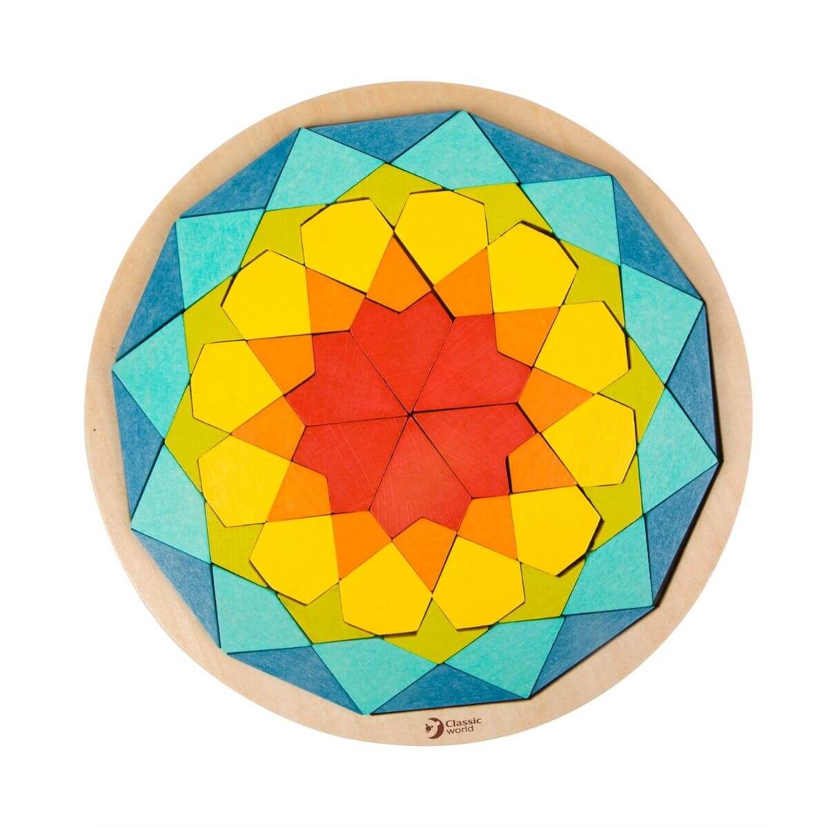 Puzzle Mandala em madeira Classic World montado, exibindo um padrão circular complexo com cores vibrantes.