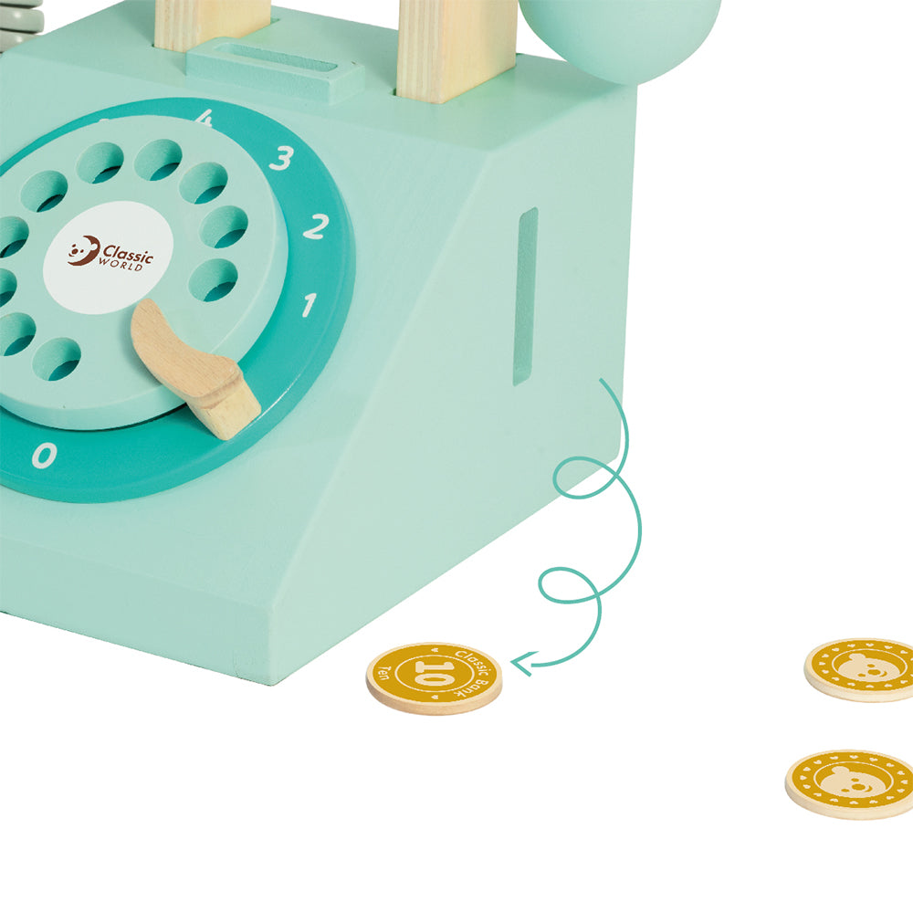 Detalhe da ranhura para moedas e disco rotativo do telefone vintage Classic World.
