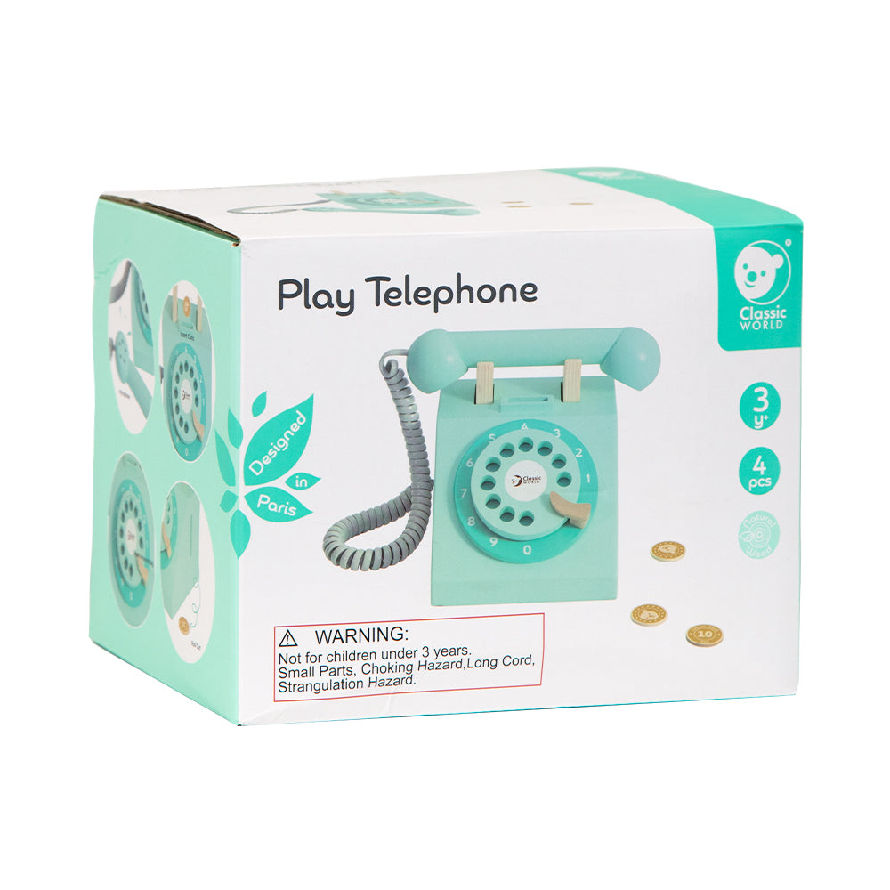 Embalagem do telefone vintage Classic World, destacando o design e a faixa etária recomendada.