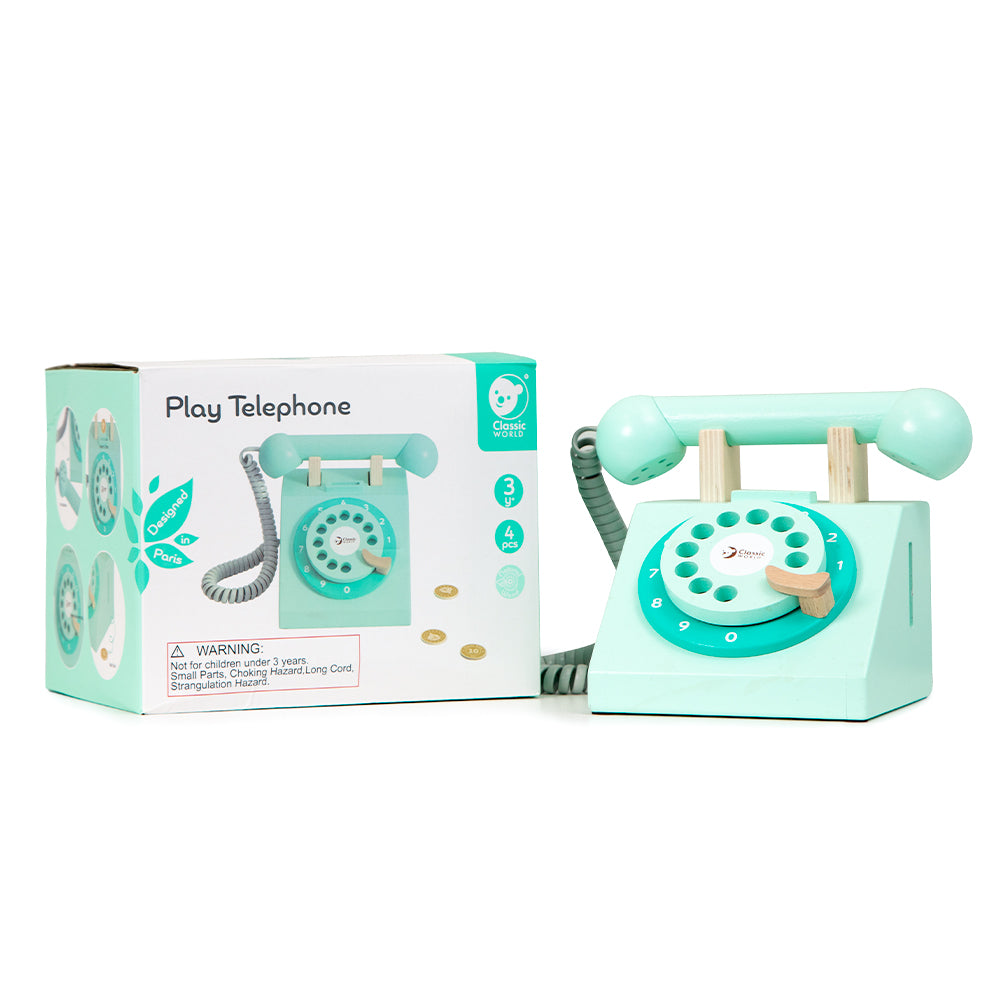 Telefone vintage Classic World ao lado da sua embalagem original.