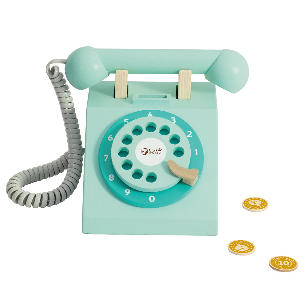 Telefone vintage Classic World em madeira verde-água com disco rotativo e moedas de brincar.