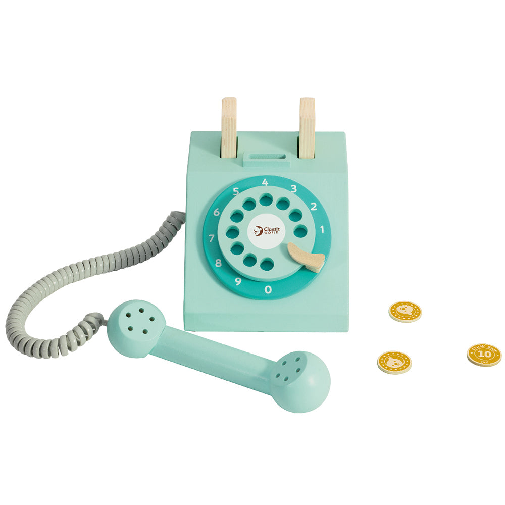 Telefone vintage Classic World em madeira verde-água com disco rotativo e moedas de brincar.