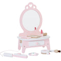 Toucador de mesa em madeira Classic World cor-de-rosa e branco com espelho e acessórios de brincar, como batom, pincel e pulseira.