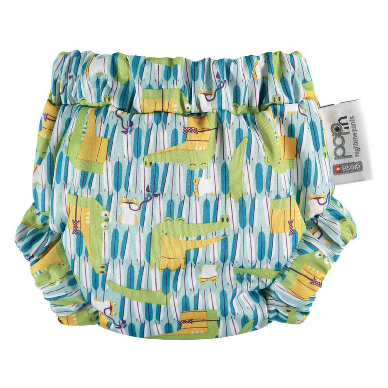Cueca de aprendizagem noturna Close com padrao de crocodilos vista frontal