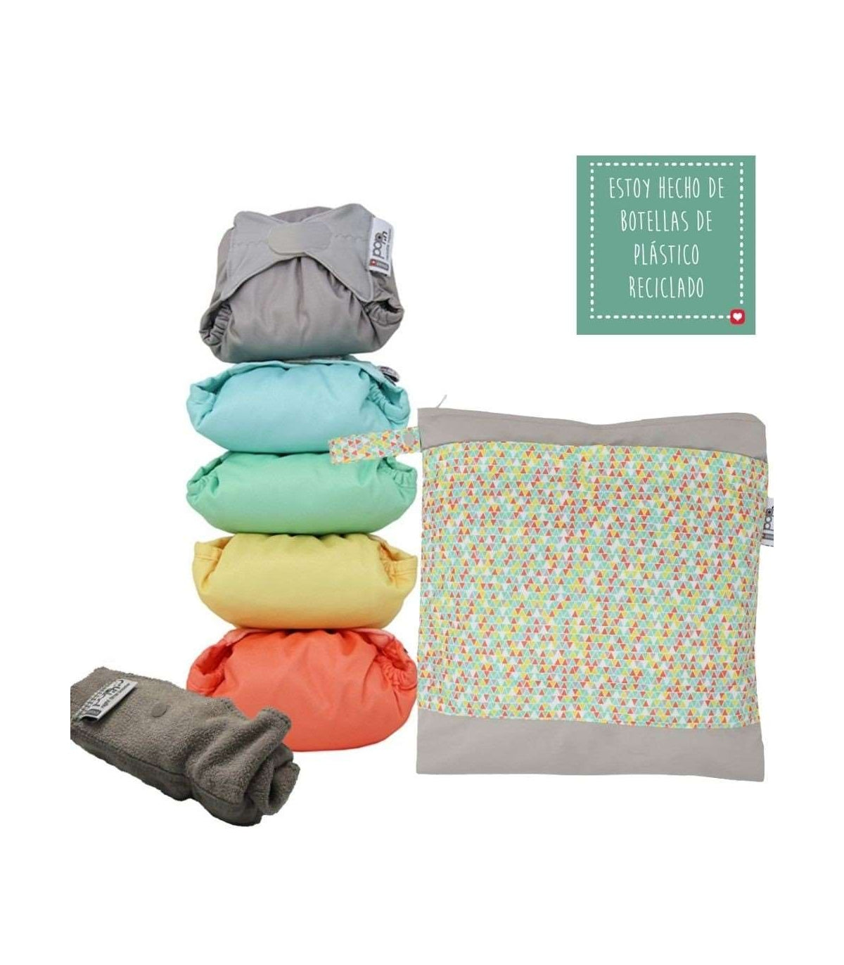 Pack de 5 Fraldas Reutilizáveis Close PopIn em tons pastel suaves, mostrando o design exterior ajustável e o fecho de velcro.