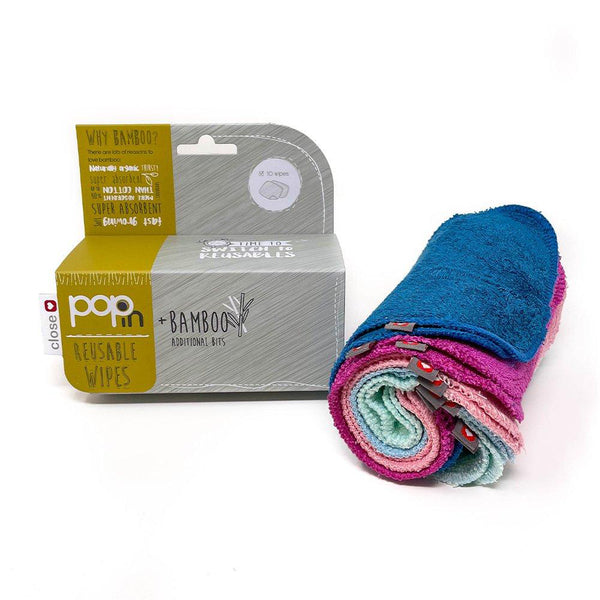Pack de 10 toalhitas reutilizáveis Close em tecido de bambu e algodão, dobradas e prontas a usar.