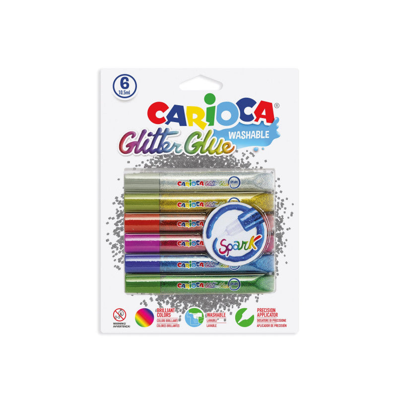Conjunto de 6 tubos de cola glitter Carioca em blister