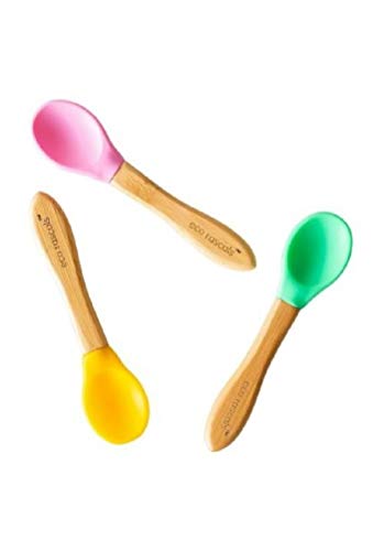 Três colheres de bebé Eco Rascals em bambu com pontas de silicone rosa, verde e amarelo