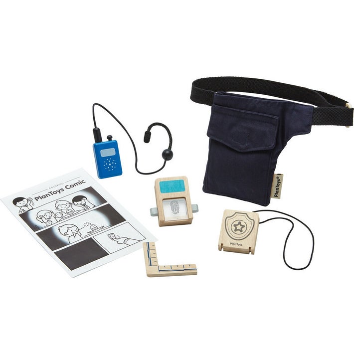 Conjunto completo de agente secreto PlanToys com walkie-talkie, leitor de impressões digitais, régua, cartão de identificação e bolsa de cintura.
