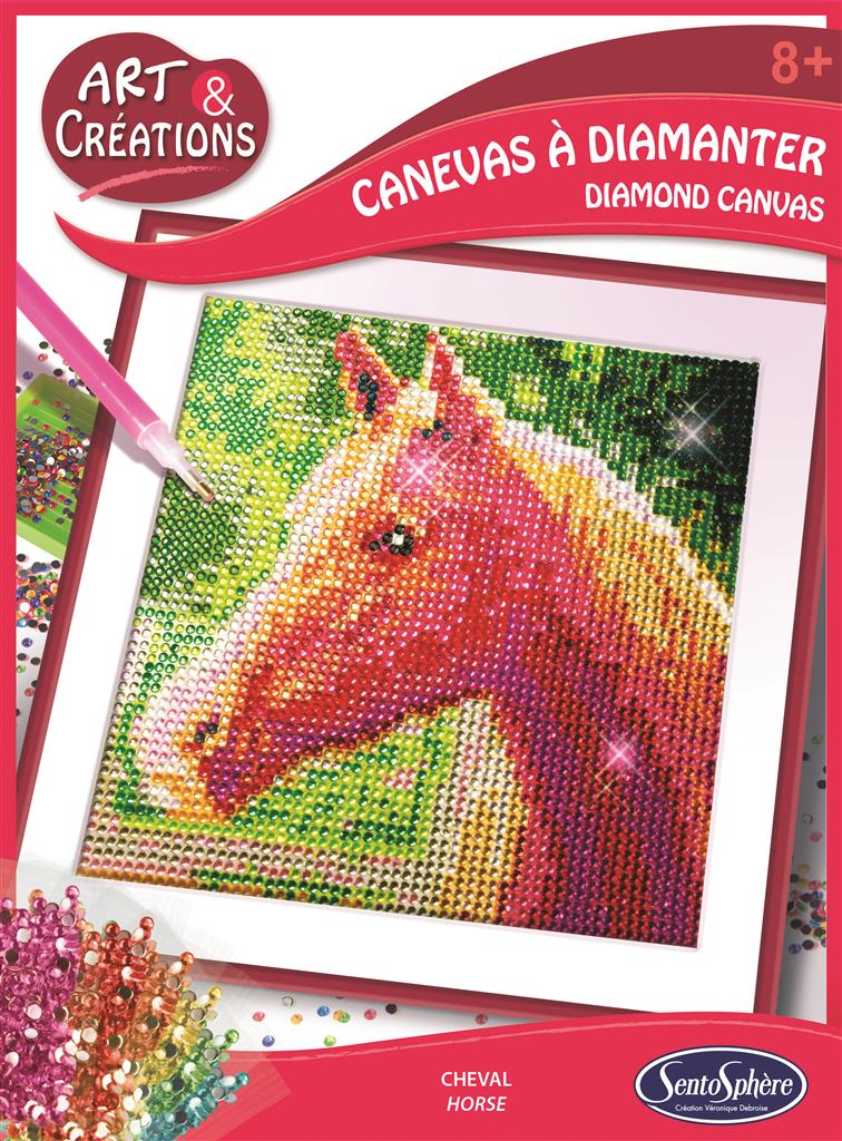 Imagem frontal da caixa do conjunto para colorir com brilhantes Cavalos da Sentosphere, com destaque para o nome da marca e a idade recomendada.