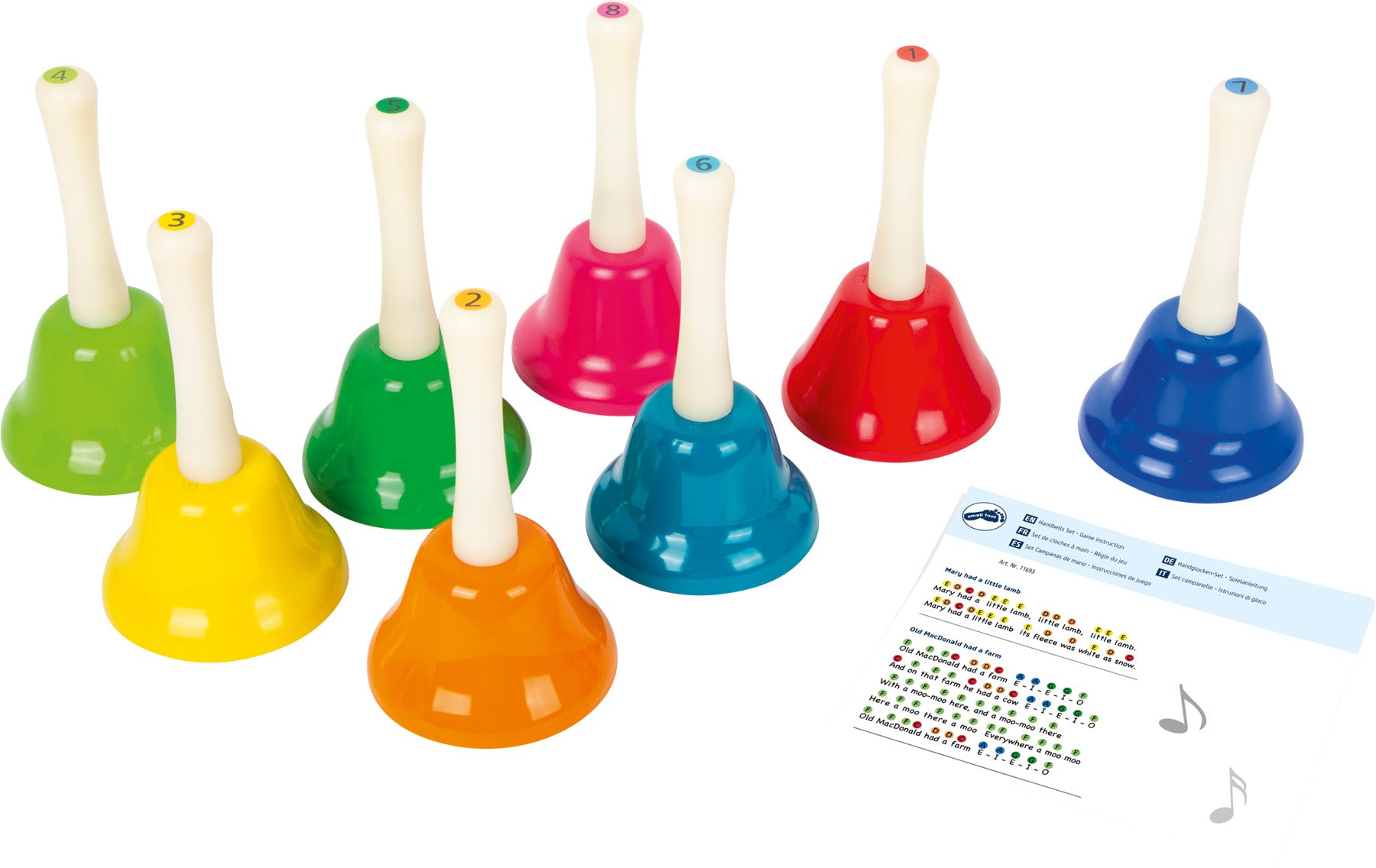 Conjunto de 8 campainhas coloridas da small foot, afinadas com as notas musicais, com cabos brancos e numeradas. Inclui partitura com canções infantis.