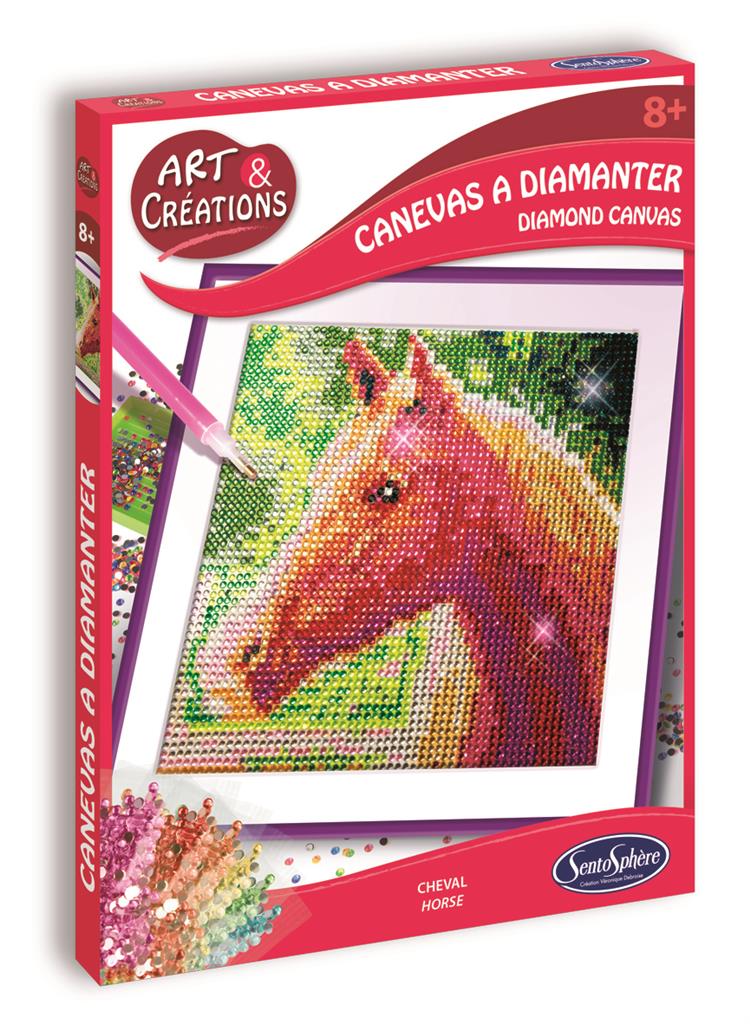 Imagem detalhada do conjunto para colorir com brilhantes Cavalos da Sentosphere, destacando a variedade de cores dos brilhantes e a ferramenta de aplicação.