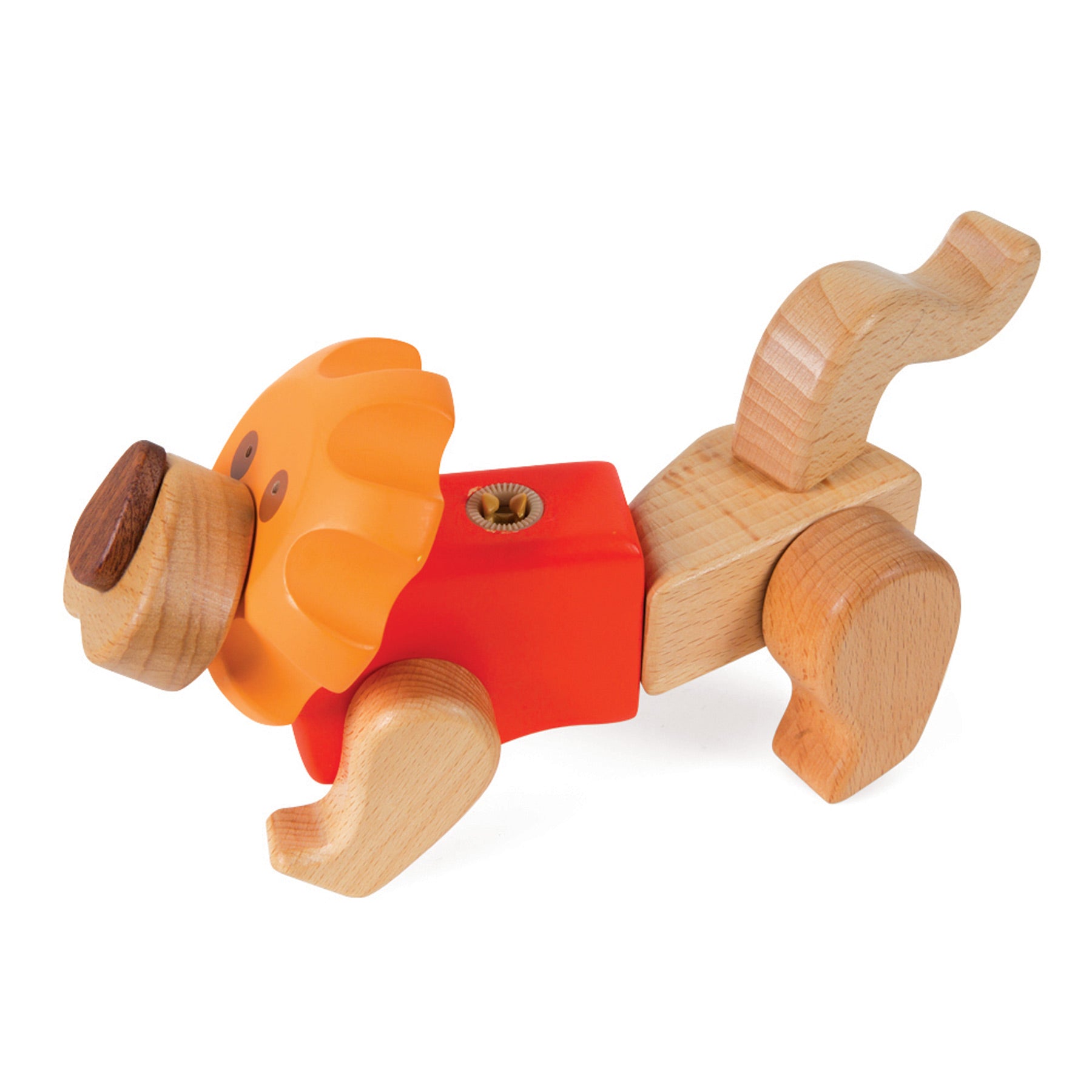 O Conjunto Criativo Leão small foot numa pose mais dinâmica, ideal para demonstração do brinquedo em ação.