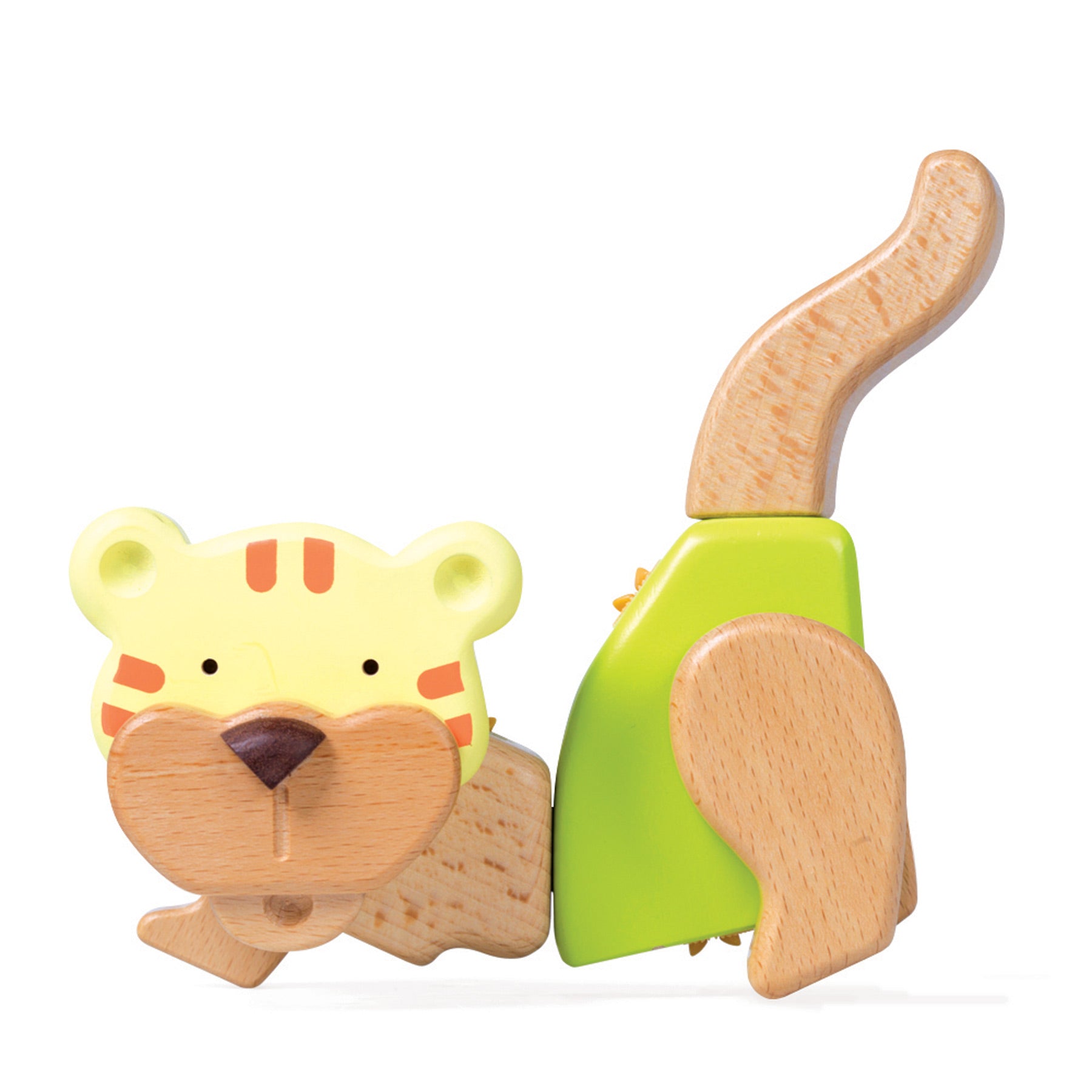 O Conjunto Criativo Tigre da small foot montado como um tigre, mostrando a forma final e as cores vibrantes do brinquedo.