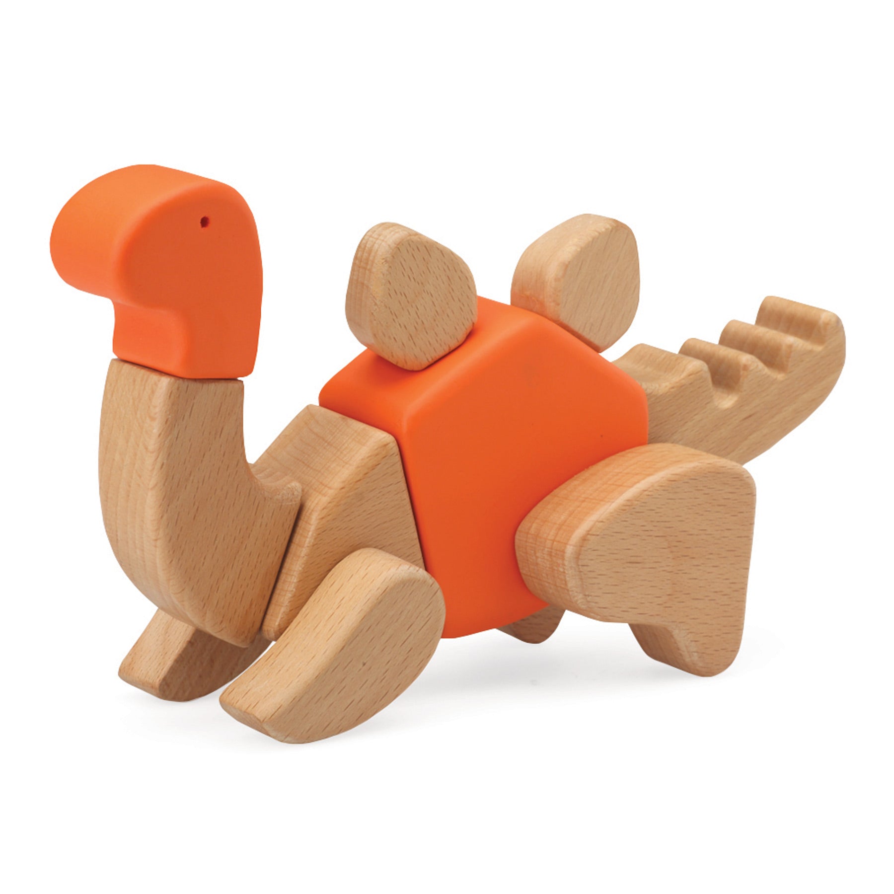 O mesmo conjunto de construção, agora formando um dinossauro na cor amarela em posição lateral, mostrando o sistema de encaixe.