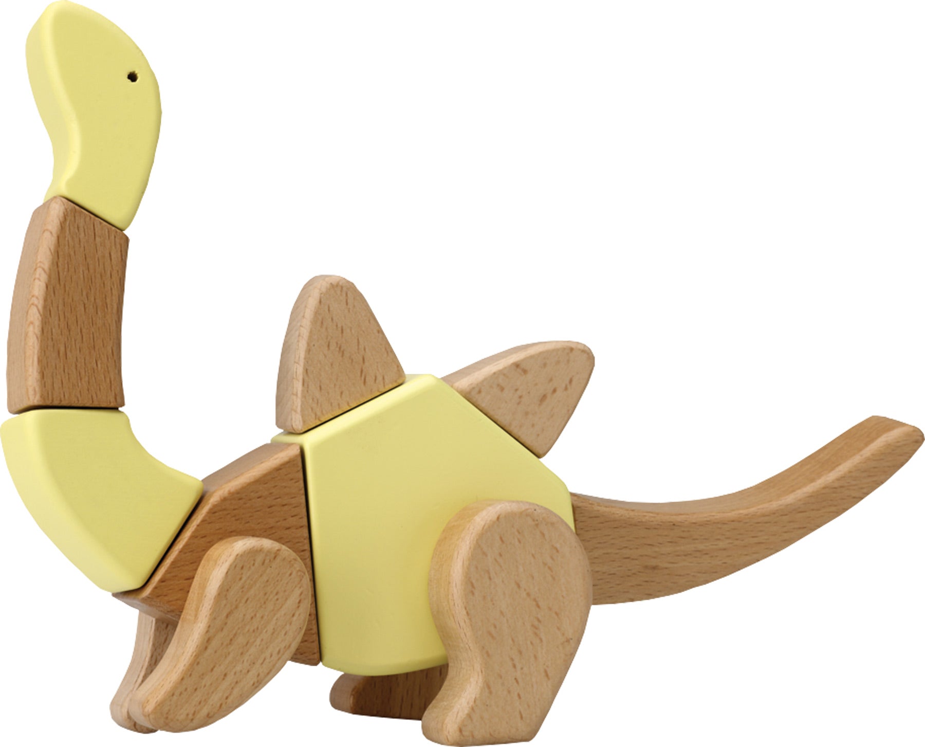 O conjunto de construção formando um dinossauro na cor amarela, com uma forma diferente das anteriores.