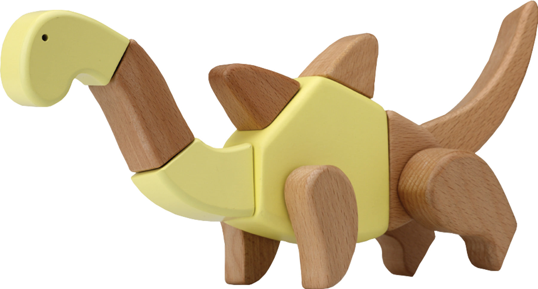 O conjunto de construção formando um dinossauro na cor amarela, com uma forma diferente das anteriores, focando nos detalhes.