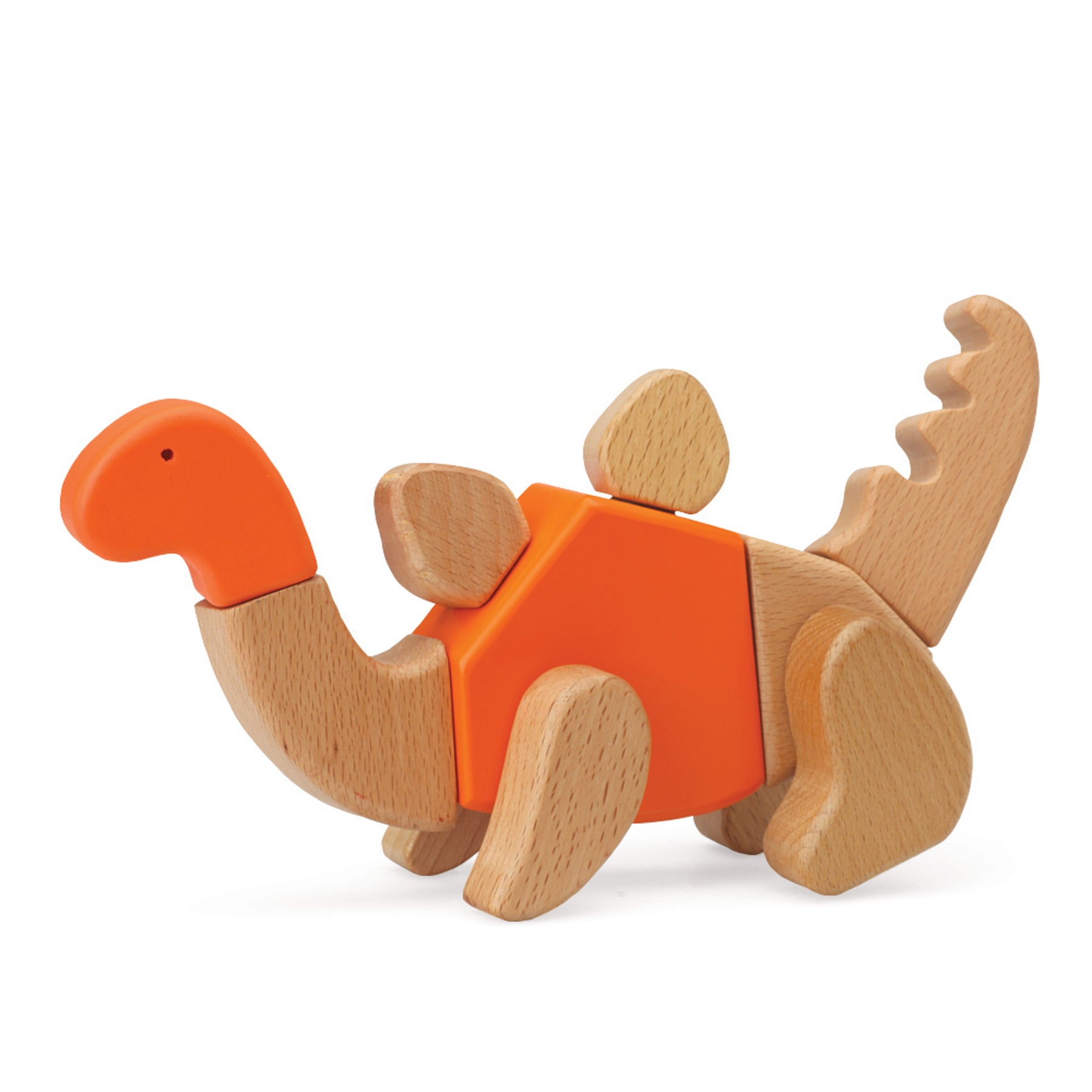 O conjunto de construção formando um dinossauro na cor laranja, com uma forma diferente das anteriores.