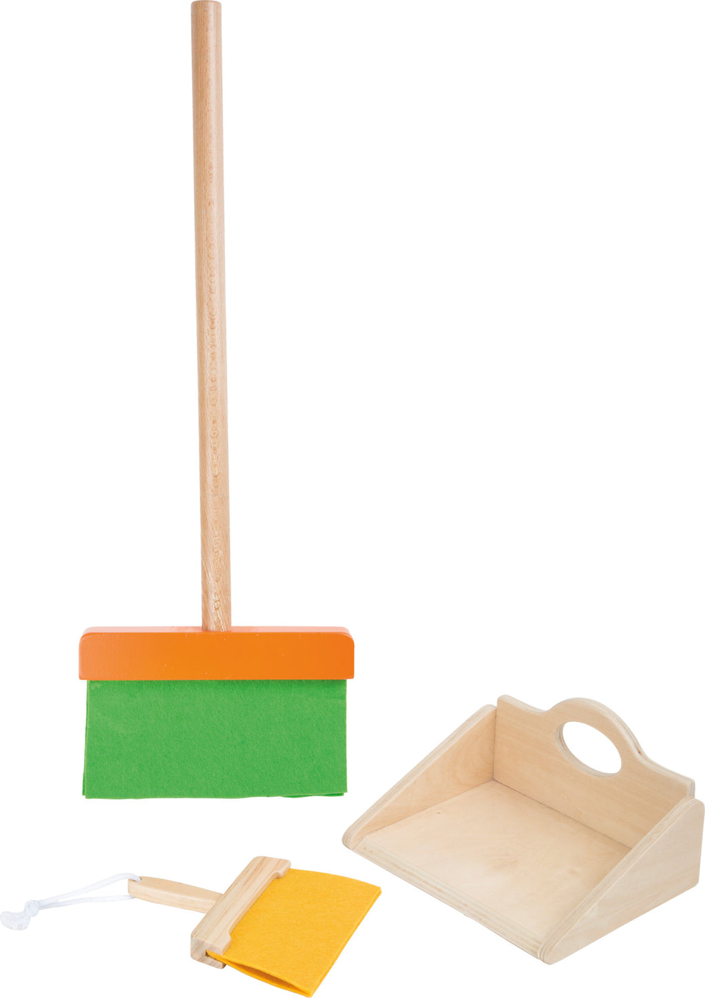 Conjunto de limpeza small foot para crianças, com vassoura e pá de madeira, cores vibrantes e design ergonómico. Ideal para brincar e aprender a limpar.