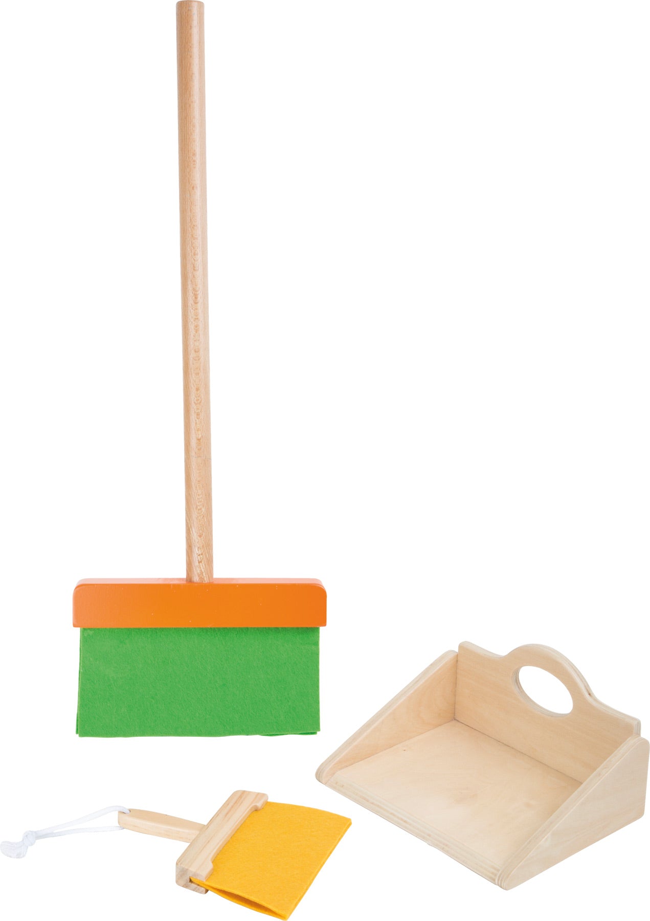 Conjunto de limpeza small foot para crianças, com vassoura e pá de madeira, cores vibrantes e design ergonómico. Ideal para brincar e aprender a limpar.