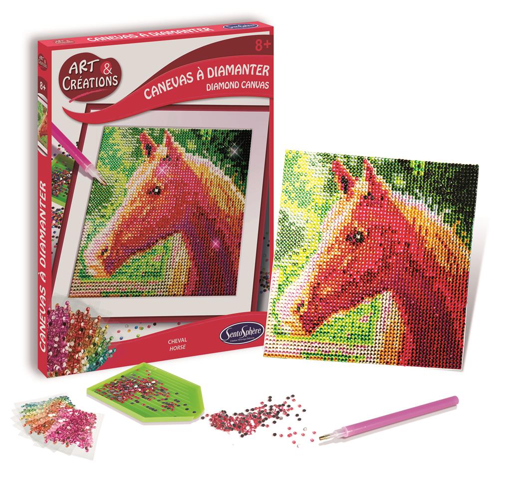 Caixa do conjunto para colorir com brilhantes Cavalos da Sentosphere, mostrando a imagem final do cavalo e os componentes do kit.