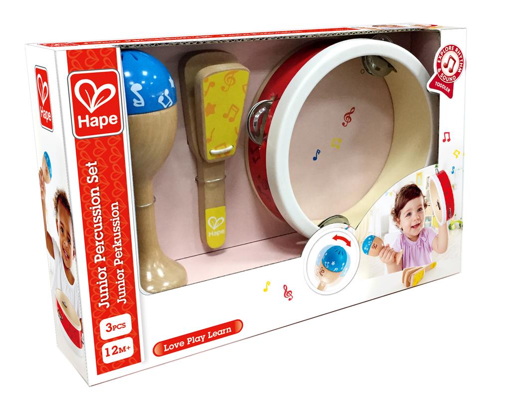 Embalagem do conjunto de percussão musical Hape de 3 peças para bebés