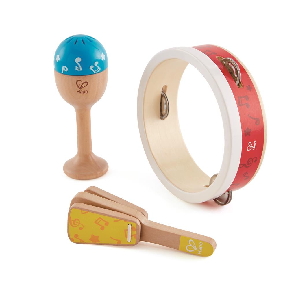 Pandeireta, maraca e badalo de madeira do conjunto Hape
