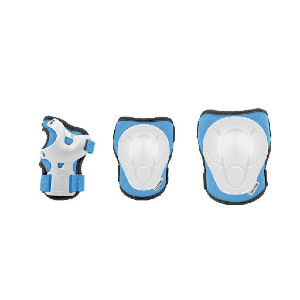 Conjunto de proteções Yvolution de cor azul: uma proteção de pulso, uma joelheira e uma cotoveleira, com carapaças brancas.