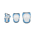 Conjunto de proteções Yvolution de cor azul: uma proteção de pulso, uma joelheira e uma cotoveleira, com carapaças brancas.