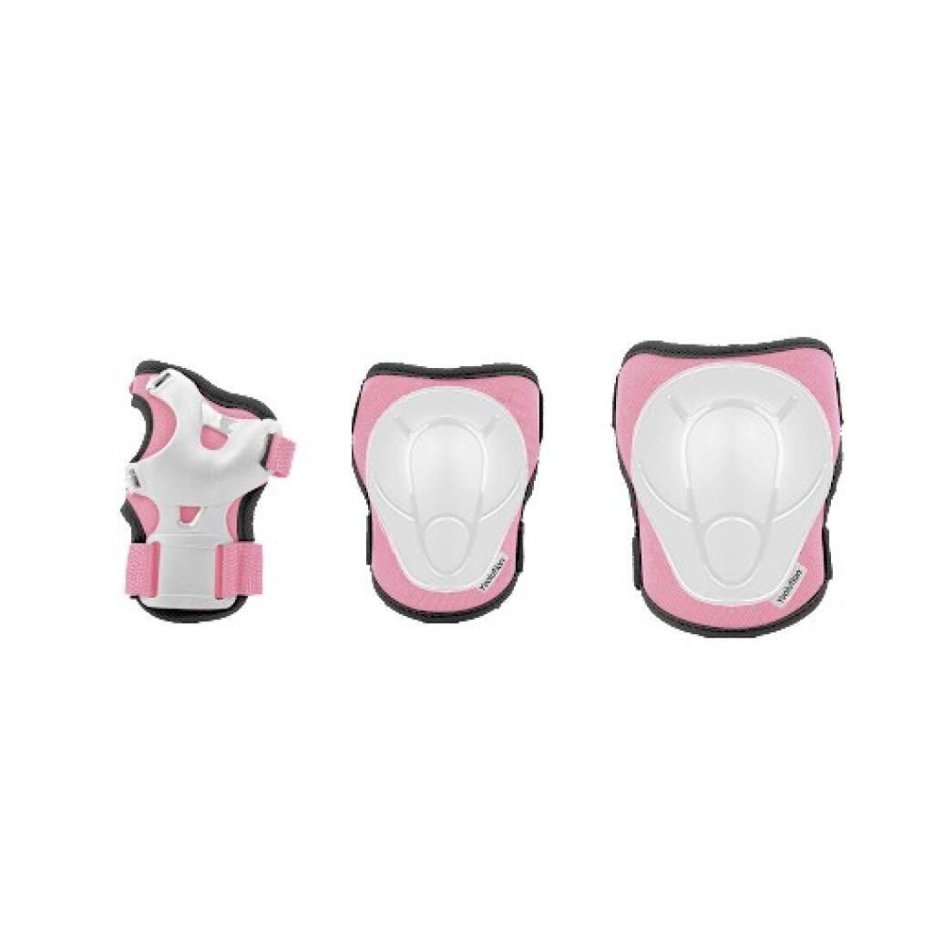 Conjunto de proteções Yvolution de cor rosa: uma proteção de pulso, uma joelheira e uma cotoveleira, com carapaças brancas.