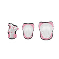 Conjunto de proteções Yvolution de cor rosa: uma proteção de pulso, uma joelheira e uma cotoveleira, com carapaças brancas.