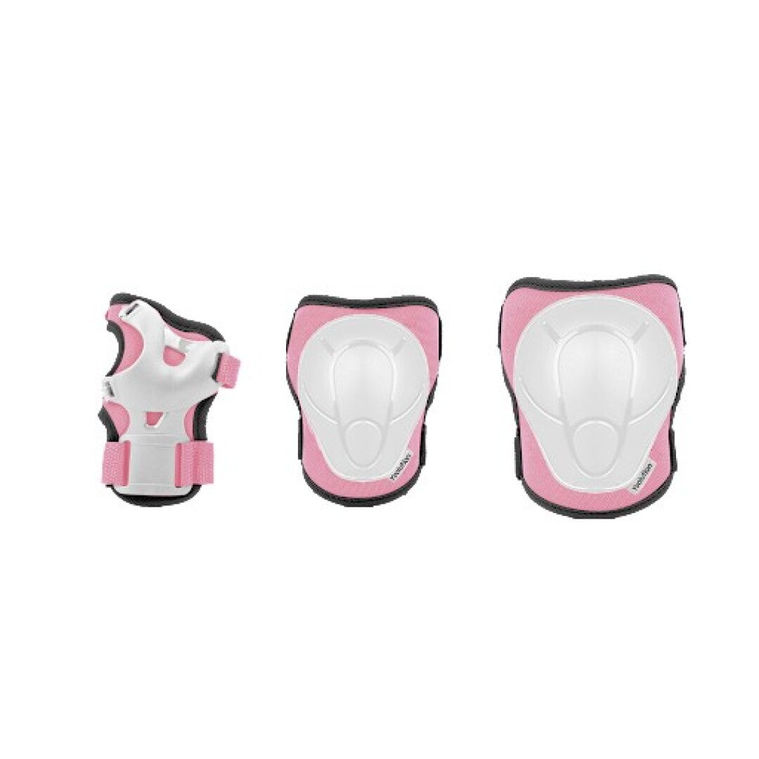 Conjunto de proteções Yvolution de cor rosa: uma proteção de pulso, uma joelheira e uma cotoveleira, com carapaças brancas.