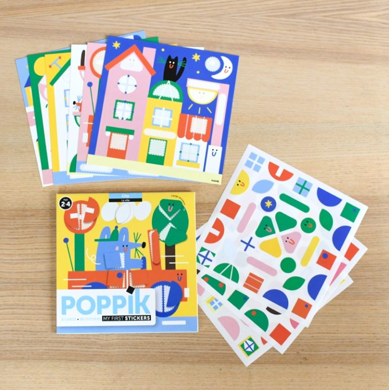 Conjunto completo do kit Poppik City com cartões e folhas de autocolantes