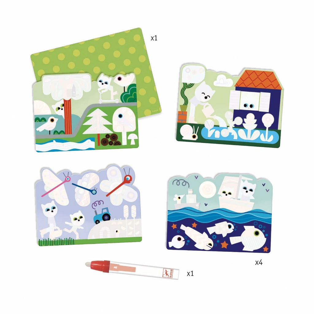 Conteúdo do kit de colorir mágico Djeco com 4 placas e caneta de água