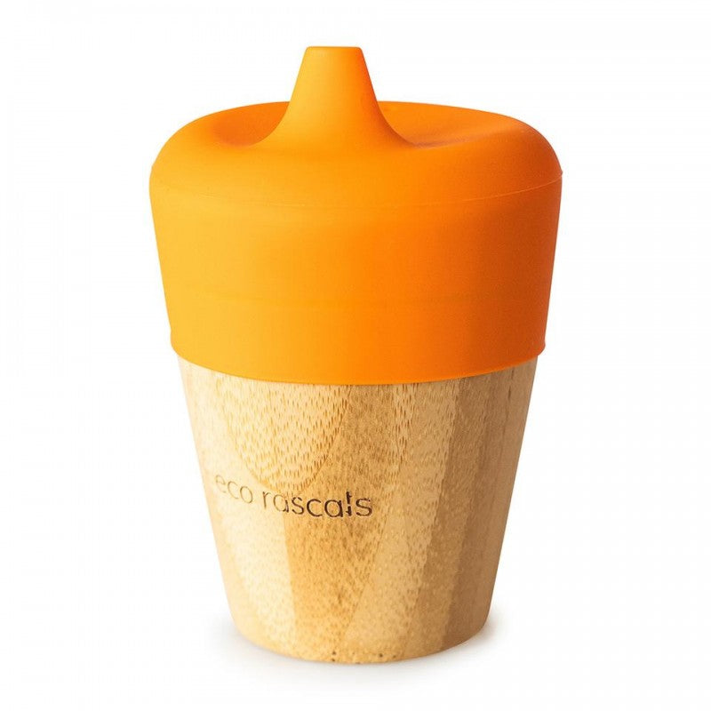 Copo de bambu Eco Rascals com tampa de silicone laranja para bebé.