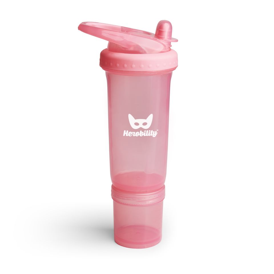 Copo de palhinha rosa Herobility Sport 300ml com tampa e válvula anti-derrame.