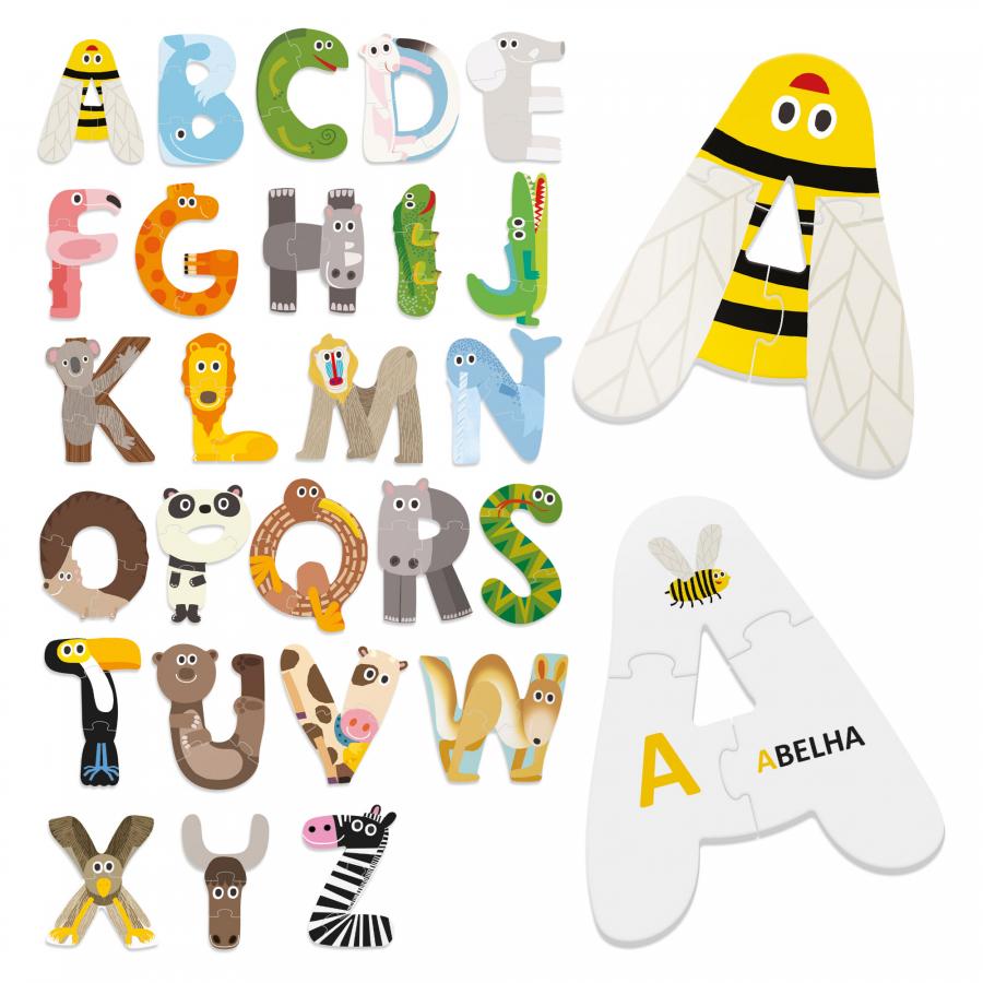 Conjunto completo de 26 puzzles do alfabeto (A a Z) em formato de animal, incluindo a letra A com a imagem da Abelha e a palavra "ABELHA" em Português.