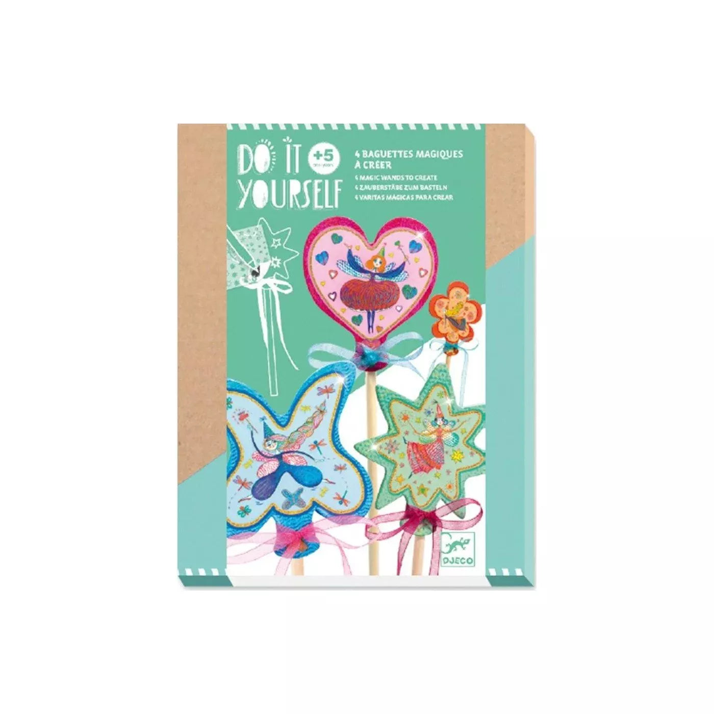 Embalagem do kit Djeco Actividades DIY Varinhas mágicas para decorar - Fadas, mostrando o design "Do It Yourself" e as quatro varinhas já decoradas em formato de coração, borboleta, estrela e flor.