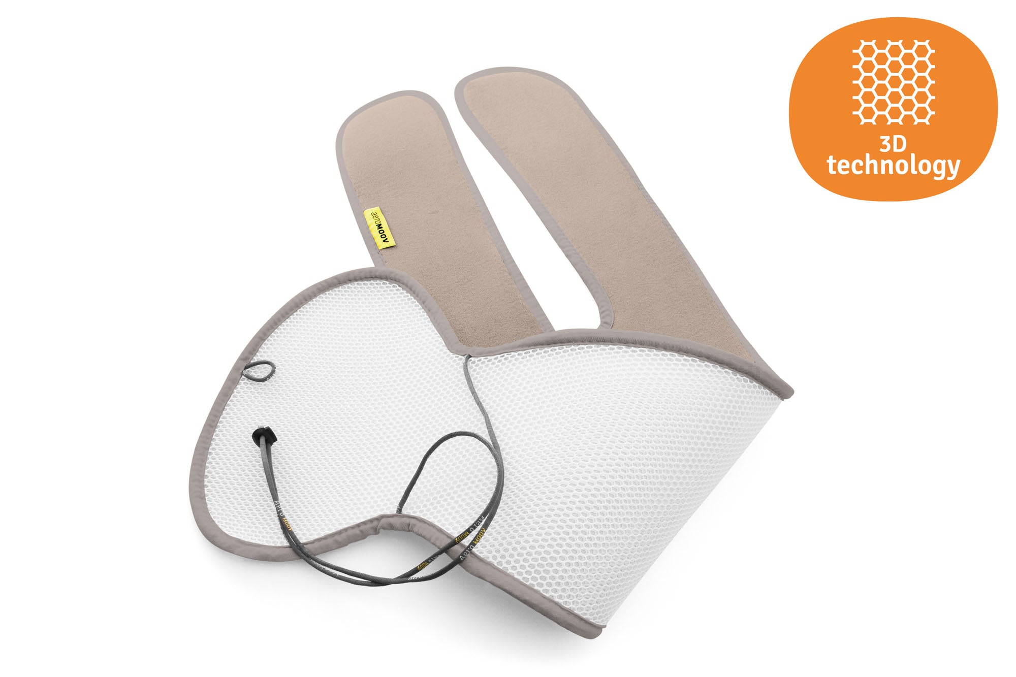 Detalhe da capa Aeromoov AirLayer 3D cor bege, mostrando o lado com malha respirável (branco) e o sistema de ajuste com cordão elástico, com ícone de tecnologia 3D.