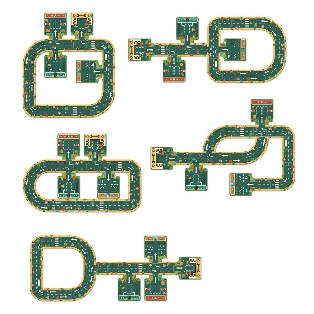 Detalhe do puzzle de pistas da Djeco mostrando ilustrações de oficina e estacionamento.