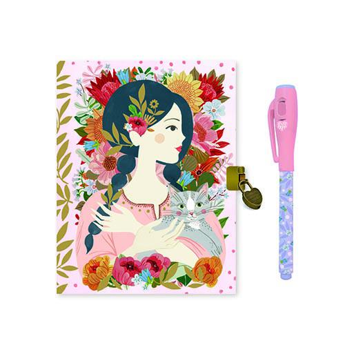 Diário secreto da Djeco com ilustrações florais, cadeado e caneta de tinta invisível.