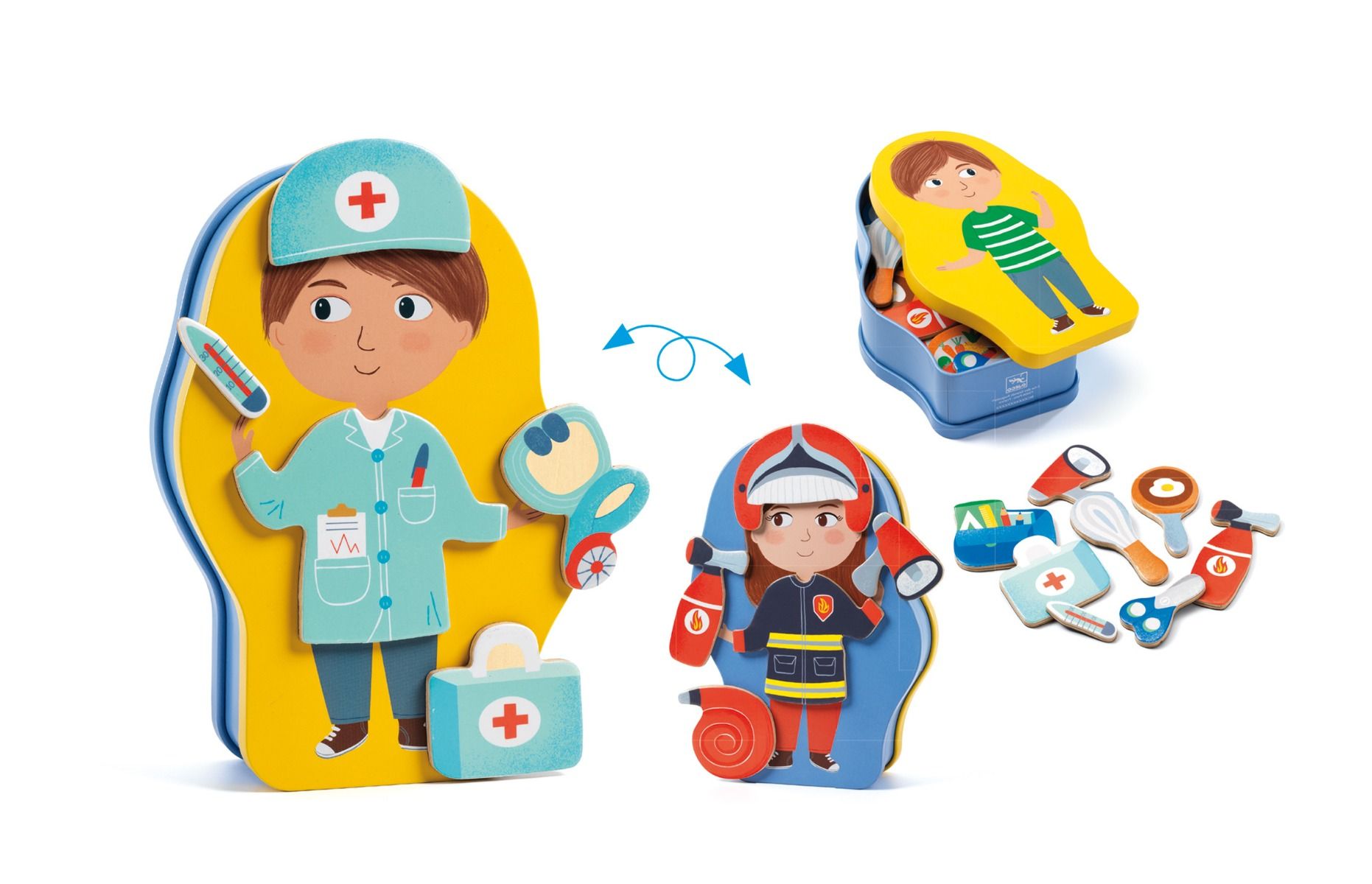 Visão geral do jogo Djeco Jobissimo com a caixa metálica a exibir um médico, uma bombeira, e várias peças magnéticas de madeira espalhadas.