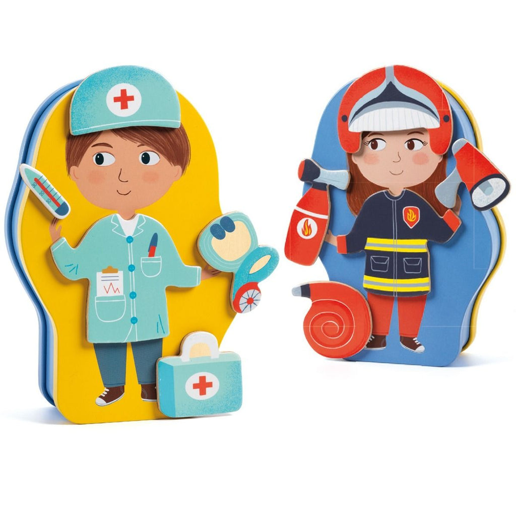 Detalhe das duas personagens principais do jogo Djeco Jobissimo: um médico com fundo amarelo e uma bombeira com fundo azul, ambos montados na caixa.