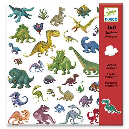 Folha com 160 autocolantes de dinossauros da Djeco, apresentando várias espécies pré-históricas coloridas e o logótipo da marca.