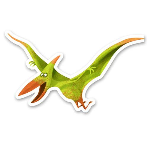 Pterodáctilo de cor verde e laranja com expressão divertida, em formato de autocolante individual.