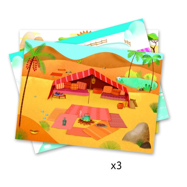 Conjunto Djeco 90 Decalques e 3 cenários, mostrando as três folhas de decalques com animais da savana, deserto e pólo norte, prontas a usar.